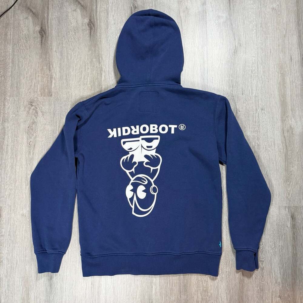Mens Kidrobot Navy Blue Full-Zip Back Graphic Hoodie Y2K Medium Skater Punk